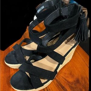 Ugg Raquel Black Suede platform wedge sandals tassel heel jute size 10 Women’s